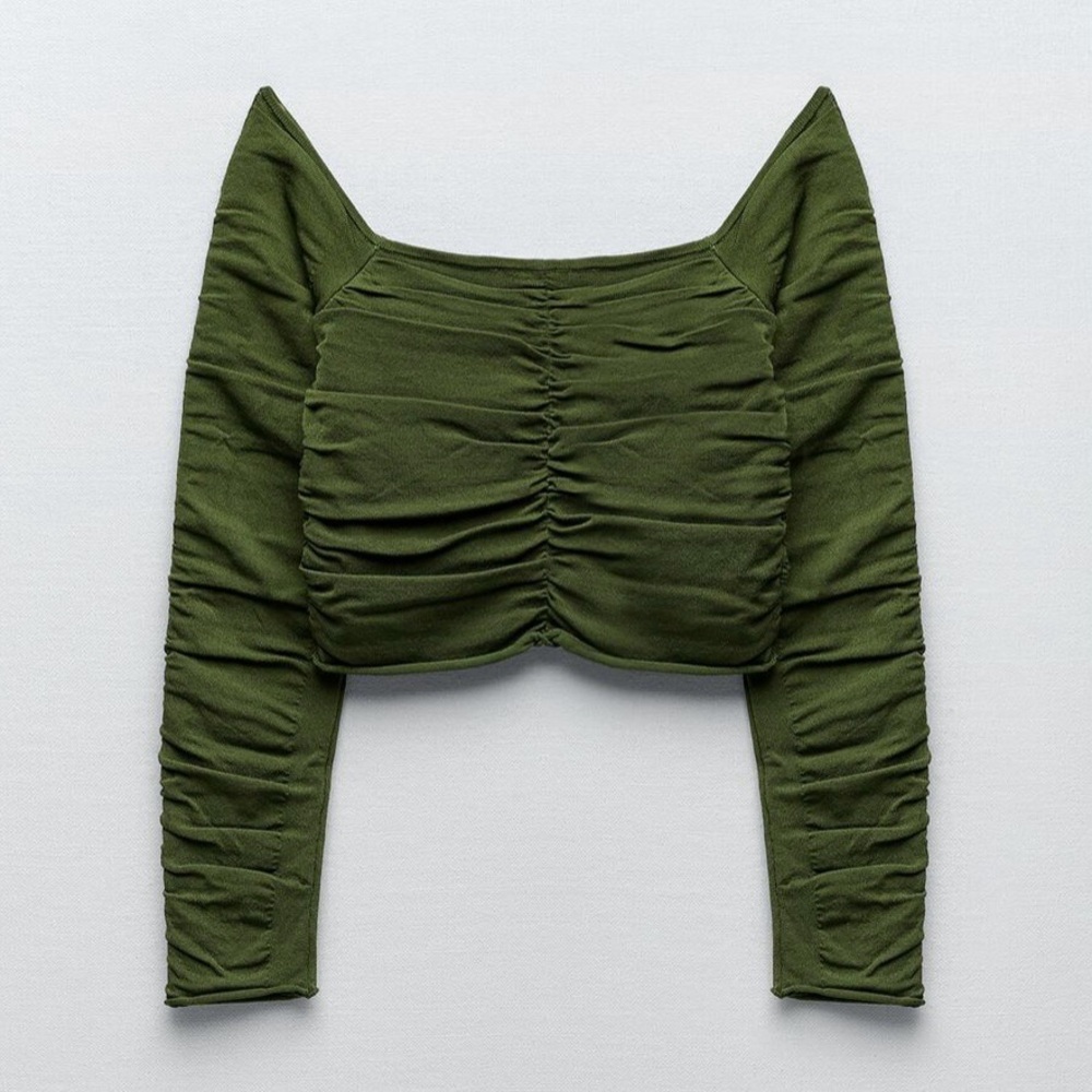 Zara NWOT Olive Green Ruched Long Sleeve Top